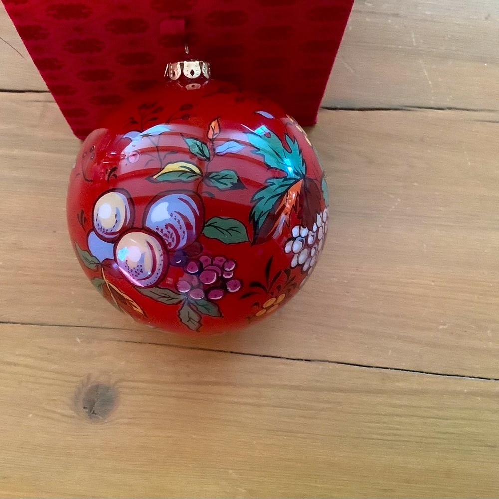 PIERRE DEUX FRENCH GLASS BALL ORNAMENT, RED, PEARS, GRAPES, PINEAPPLE FRUIT